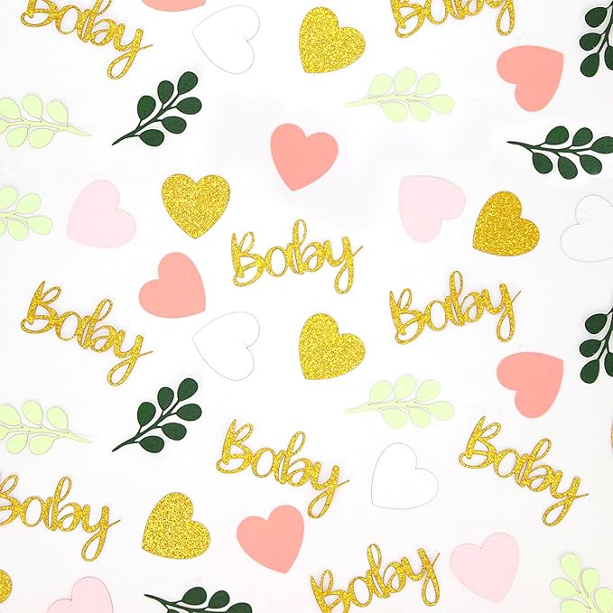 200PC Greenery Baby Shower Confetti Pink and Sage Green Baby Shower Decorations for Girl Eucalyptus Hearts Table Scatters for Its a Girl Party Decor Supplies