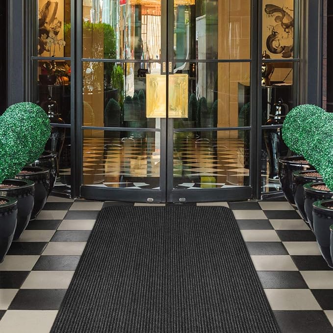 House, Home and More Indoor Outdoor Double-Ribbed Carpet Runner with Skid-Resistant Rubber Backing - Smokey Black - 4 Feet x 25 Feet