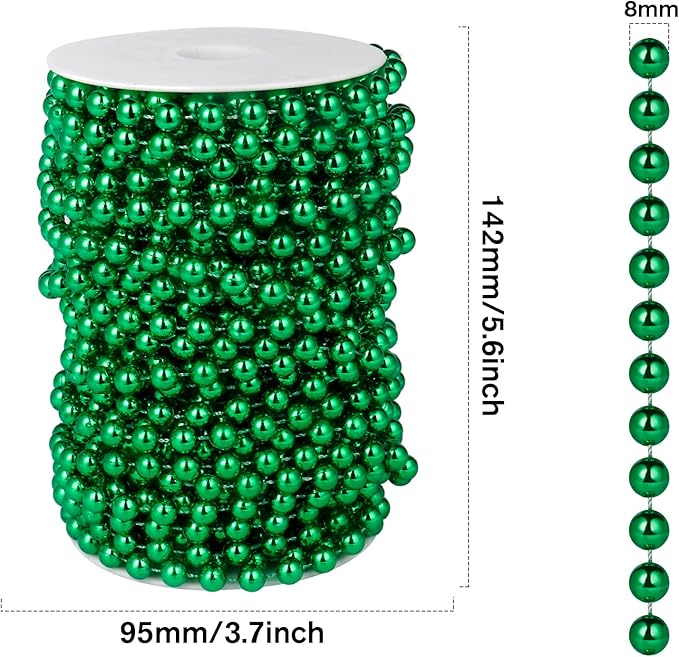 [66 Feet] Green Pearl Beads Garland, 8MM 22 Yards Green Faux Pearl Beads String Roll Bulk for DIY Craft Christmas Tree Wedding Party Decoration