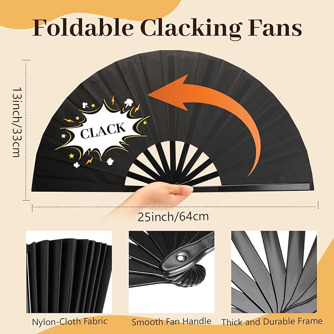 8PCS Large Chinese Folding Fans with 8 Fan Sleeves, Boots on The Ground Hand Fans Bulk, Clacking Fans for Line Dancing, Popping Fans for Line Dancing (Black)