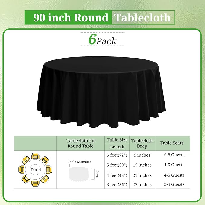 6 Pack Round Tablecloths - 90 Inch, Black Polyester Table Cover for Round Table, Stain and Wrinkle Resistant Washable Fabric Tablecloth, Polyester Tablecloth for Wedding Banquet Parties