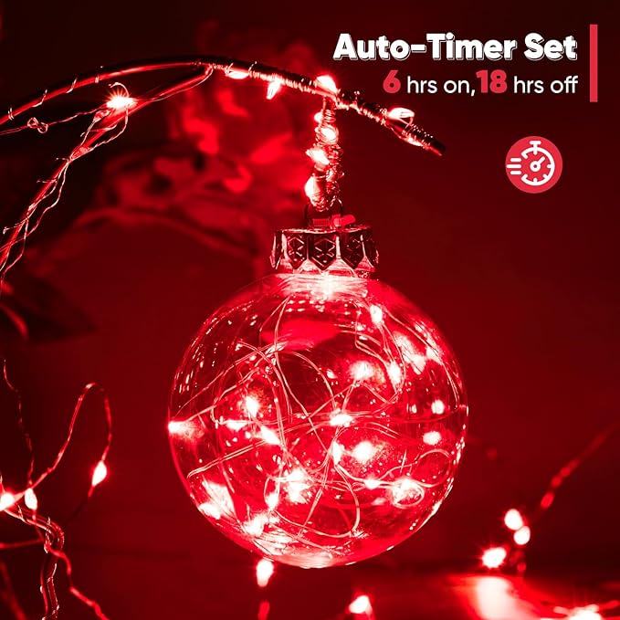 2 Pack 16.4 Ft. Battery Operated Outdoor String Lights with Remote & Timer, LED Red Fairy Lights, Waterproof Twinkle Lights for Bedroom, Dorm, Mason Jar, Wedding, Party, Christmas