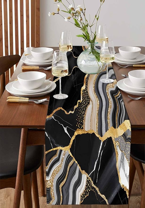 Geometric Black Marble Cotton Linen Table Runner for Dining Kitchen, Wedding Outdoor Party Tablerunners Decoration, Farm Marble Liquid Ripple Abstract Dresser Scarf Coffee Tablecloth Runners 13''x72''