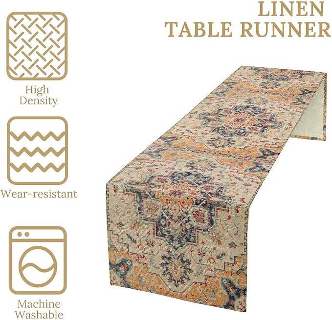 Bohemia Orange Table Runner, Rustic Farmhouse Vintage Geometric Floral Print Table Cover for Home Kitchen Dining Table Party Decor, 13x60inch