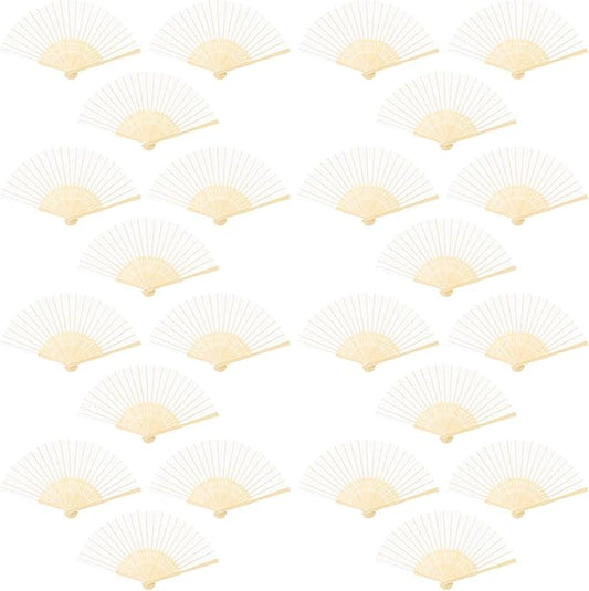 URATOT 24 Pieces White Folding Fans Silk Bamboo Folding Fans Handheld Fan for Wedding, Party Decoration