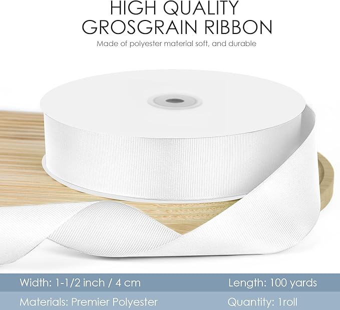 100 Yards 1.5 inch Grosgrain Ribbon, Solid Color Fabric Ribbon Perfect for Gift Wrapping, Wedding, Handmade Bows, Floral Bouquets and Party Decoration(White)