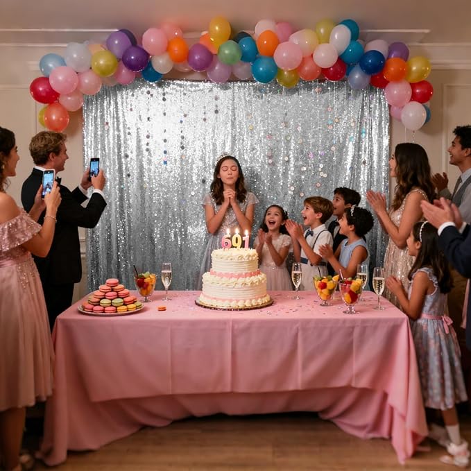 VOK Silver Sequin Backdrop Curtains 4 Panels 2FTx8FT Glitter Photography Background for Wedding Birthday Christmas Party Decorations