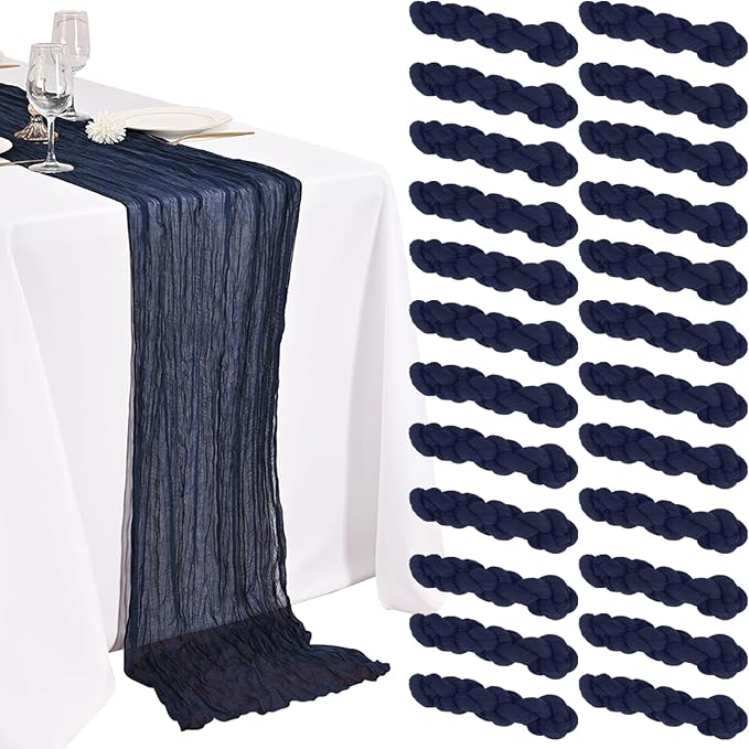 24 Pack Navy Blue Cheesecloth Table Runner 20 x 120 inch Gauze 10FT Semi Sheer Boho Fabric Cheese Cloth Table Runner for Wedding Party Birthday Baby Bridal Shower