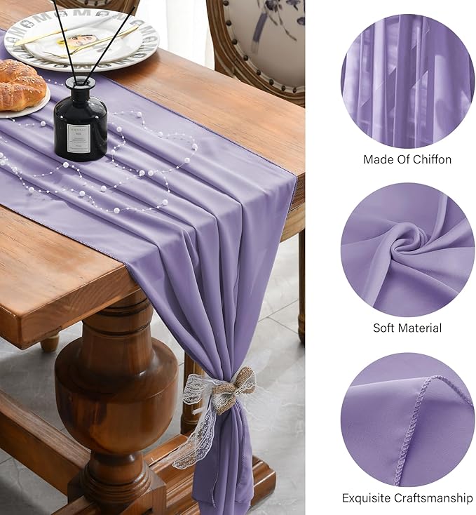2 Pack 10 Ft Chiffon Table Runner Light Purple Gauze Long Table Runners 27x120 Inches Sheer Tulle Table Runner for Rustic Wedding Reception Bridal Shower Decorations Birthday Party