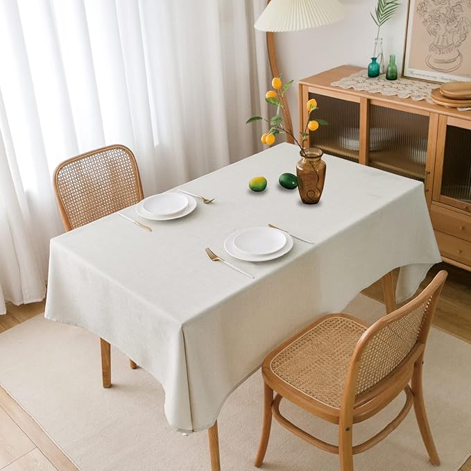 NLMUVW White Linen Tablecloth - Water Resistant Rectangle Textured Table Cover Farmhouse Decorative for Cafe Dining Card Kitchen, 54 x 140 Inch
