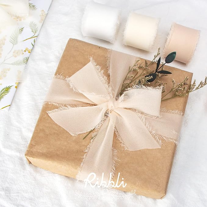 Ribbli Chiffon Ribbon - 1.5 inch x 30 Yard Champagne/Nude Silk, Handmade for Wedding Invitations, Gift Wrapping, Bridal Bouquets, Flower Arrangements