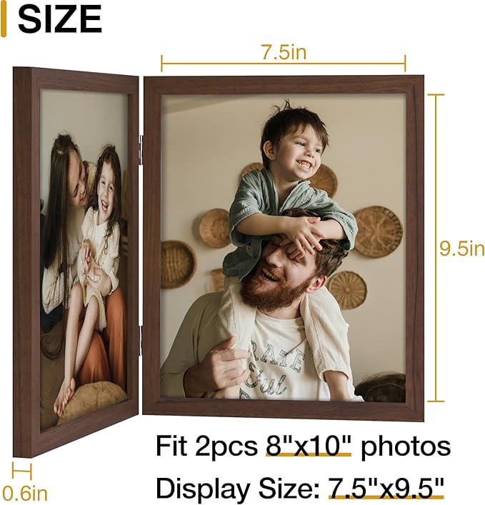 decorUhome Double 8x10 Picture Frame Vertical, Engineered Wood Bifold Photo Frame with Plexiglass for Tabletop Display, 8x10, Brown