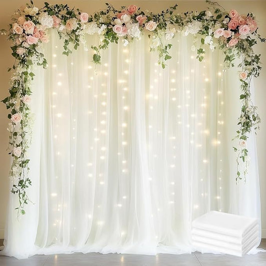 Fomcet Tulle Curtains with Lights String Ivory 20FT X 8FT Sheer Backdrop Curtains for Parties Wedding Baby Shower Photo Shoot Decorations (4 Panels 5 x 8FT)