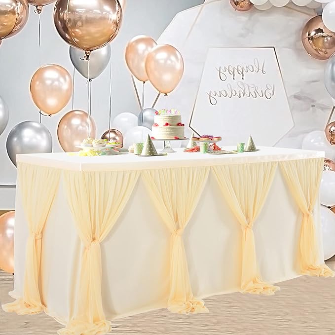 9ft Champagne Table Skirt for Weddings Table Cloth Elegant Tutu Table Skirt Cover for Birthday Party Baby Shower Dessert Buffet Banquet Decorations
