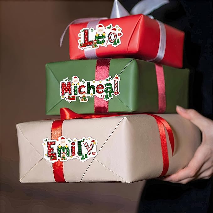CALLIE Personalized Christmas Gift Tags with Name, Santa Claus Elk Design Waterproof Label Stickers for Wrapping Paper Presents, Christmas Decorations Gift Decor for Family Friend