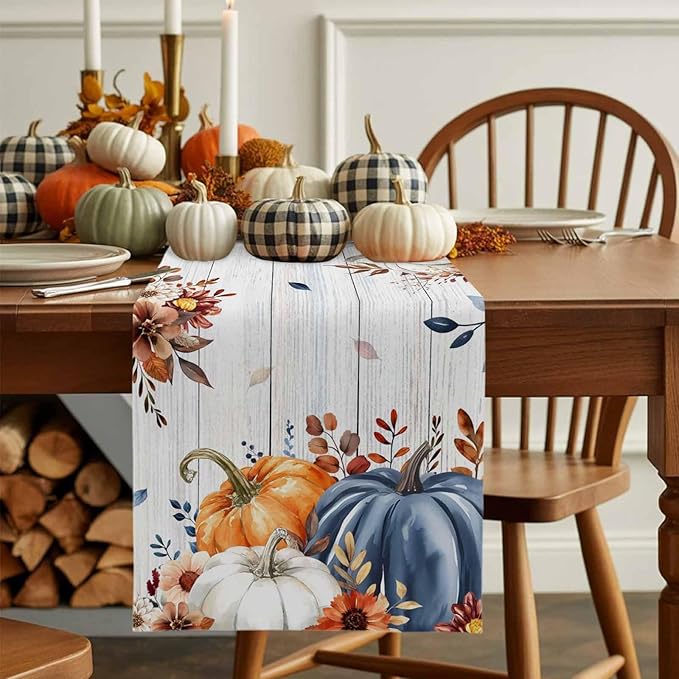 Thanksgiving Fall Cotton Linen Table Runner for Dining Kitchen, Pumpkins Eucalyptus Wedding Outdoor Party Tablerunners Decoration Farmhouse Wooden Dresser Scarf Coffee Tablecloth Runners 13x108 Inches