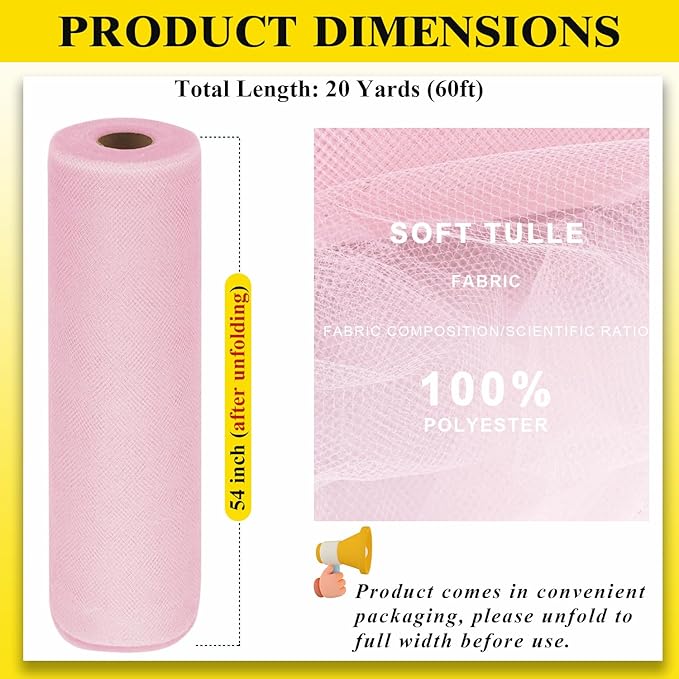 54" by 20 Yards Pink Tulle Fabric Rolls - Tutu Spool Bolt for DIY Wedding Decoration, Baby Shower Tutu Skirt, Gift Wrapping - Large Matte Tulle, Roll Packaging (Light Pink)