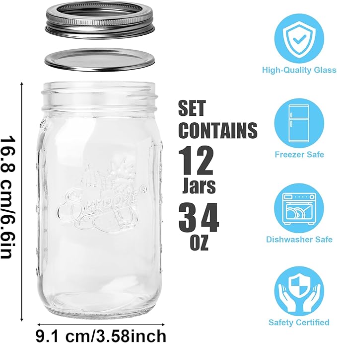 Mason Jars 32 oz Glass Canning Jars 12 Pack Wide Mouth Mason Jar With Airtight Lids