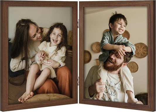 decorUhome Double 8x10 Picture Frame Vertical, Engineered Wood Bifold Photo Frame with Plexiglass for Tabletop Display, 8x10, Brown