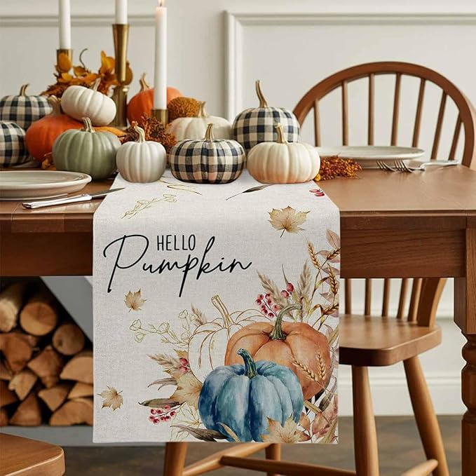 Fall Thanksgiving Cotton Linen Table Runner for Dining Kitchen, Orange Pumpkins Outdoor Party Autumn Tablerunners Decoration, Rustic Wheat Leaves Dresser Scarf Coffee Tablecloth Runners 13x72 Inches