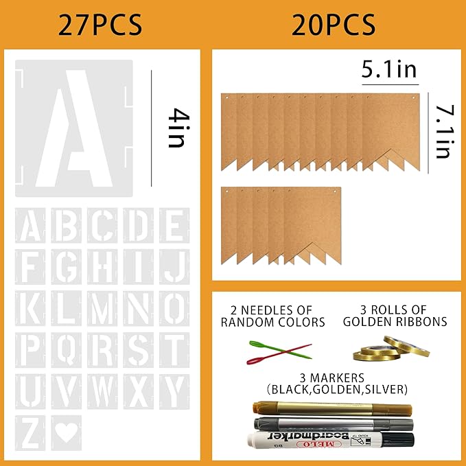 20 PCS Custom Banner Set DIY Blank Flags with Letter Stencil Markers Ribbon Personalized Painting Banner for Party Birthday