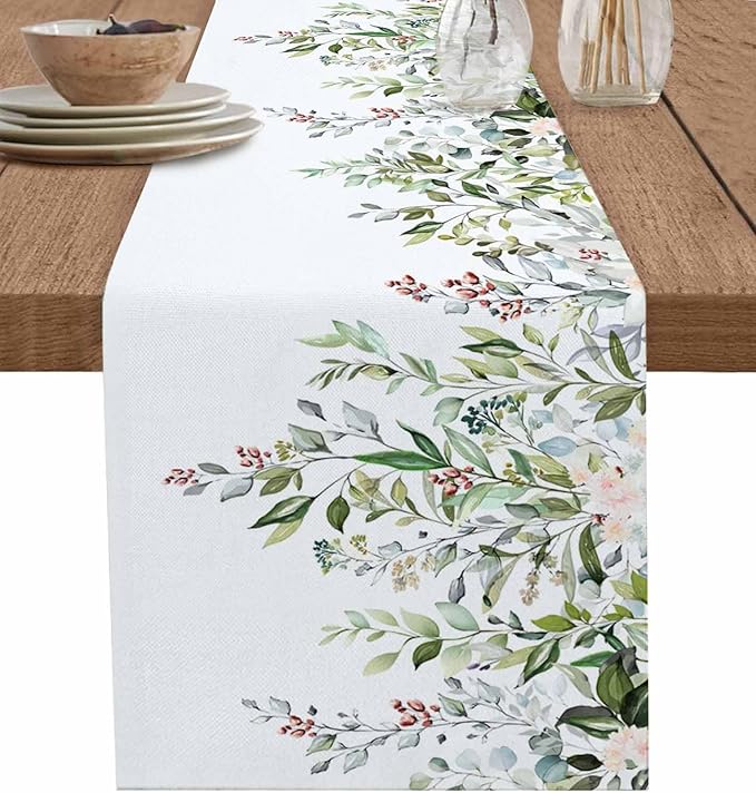 Botanical Eucalyptus Cotton Linen Table Runner for Dining Kitchen, Wedding Outdoor Party Tablerunners Decoration, Sage Green Leaves Elegant Floral Dresser Scarf Coffee Tablecloth Runners 13x60 Inches