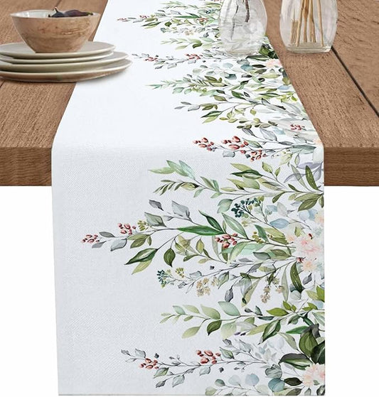 Botanical Eucalyptus Cotton Linen Table Runner for Dining Kitchen, Wedding Outdoor Party Tablerunners Decoration, Sage Green Leaves Elegant Floral Dresser Scarf Coffee Tablecloth Runners 13x60 Inches