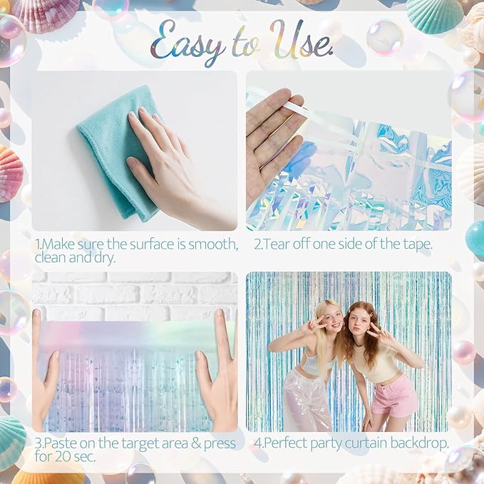 2 Pack Iridescence Party Streamers Backdrop Curtains, 3.3x8.2ft Holographic Tinsel Foil Curtain Photo Booth Props for Birthday, Wedding, Holiday Celebration, Bachelorette, Theme Decorations