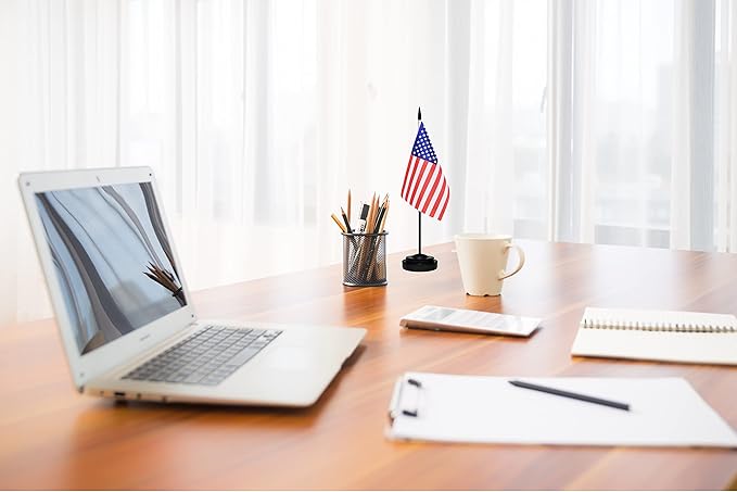 US American Deluxe Desk Table Flag Set Small Mini Miniature USA Table Desktop Flags With Solid Pole, Black Base and Spear Top(2 Pack)