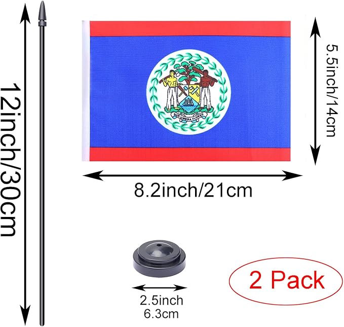 WXTWK 2 Pack Belize Flag Belize Desk Flag Set - Mini Small Belizeans Table Office Flags with Black 12" Solid Pole Stand Base Classroom Meeting Desktop Decorations