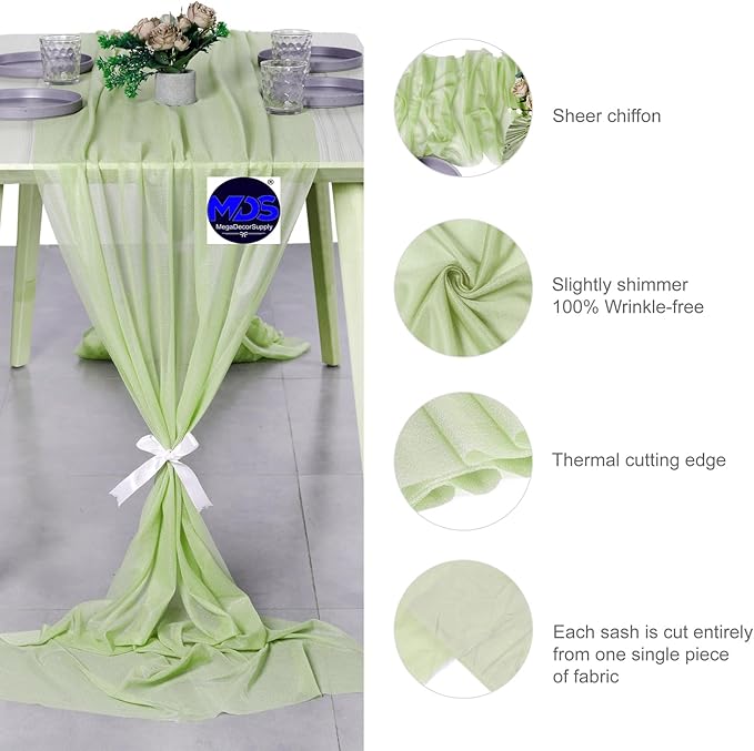 MDS Halloween Chiffon Table Runner - 10 Pack, 29 x 170 Inches, 14ft Each - Sheer Spooky Table Runners for Haunted House Parties, Trick-or-Treat Tables, Witchy Décor, Wedding & Events - Sage Green