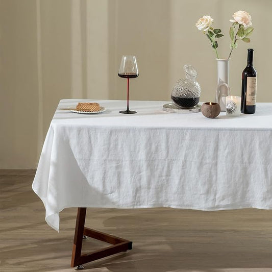 Talasily Linen Tablecloth 100% Pure Linen Table Cloth 60x132 Inches Rectangle Tablecloths Washable Cloths for Kitchen, Dining, Buffet Parties, Holidays, Picnic, Weddings and Restaurants-White