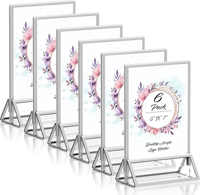 Clear Acrylic Sign Holder 5X7 with Silver Borders Display Stand, Double Sided Acrylic Picture Frames Plastic Sign Holder for Wedding Table Numbers Menu Holder (6 Pack)