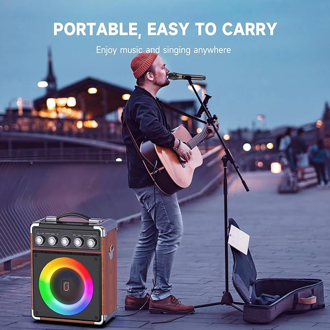 Karaoke Machine for Adults Kids, Bluetooth Speaker with 2 Karaoke Microphones, Bass/Treble Adjustment, Portable PA System with Remote Control/LED Lights for Home Party, Support USB/AUX/REC/TWS