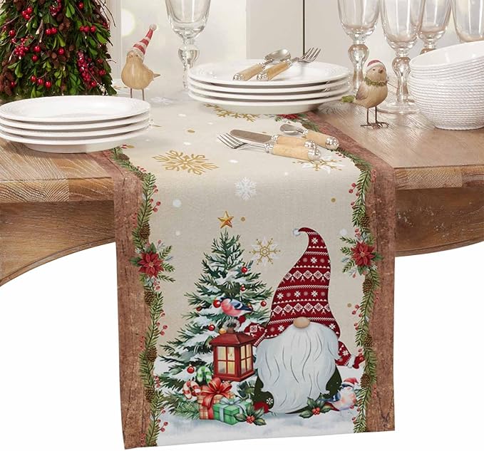 Christmas Gnomes Cotton Linen Table Runner for Dining Kitchen, Xmas Pine Tree Snowflake Rustic Wedding Outdoor Party Tablerunners Decoration, Retro Wood Dresser Scarf Tablecloth Runners 13x60 Inches