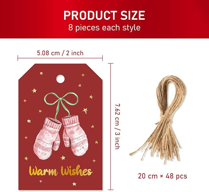48 Pcs Christmas Gift Tags, Watercolor Christmas Hanging Tags Label Gold Foil with Hemp Rope Xmas Present Tag for DIY Xmas Holiday Present Wrapping Decorations, 6 Styles