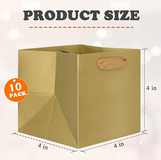 ADIDO EVA Gold Square Gift Bags Mini Size Square Bottom Paper Bags with Handles for Party Favor (4x4x4 In, 10 CT)