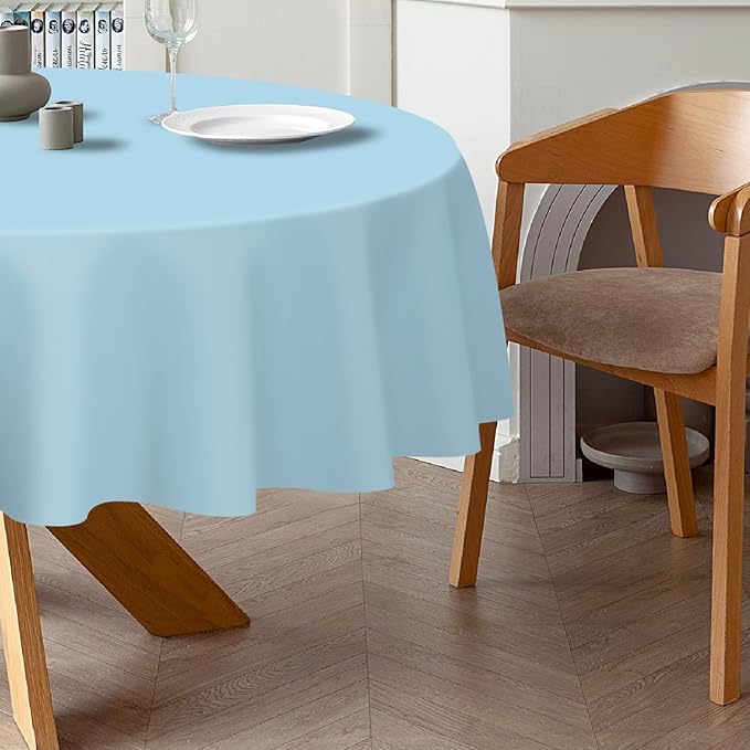 QIKSION Light Blue Round Tablecloth 3 Pack, 84 Inch Plastic Table Cover Disposable for Parties