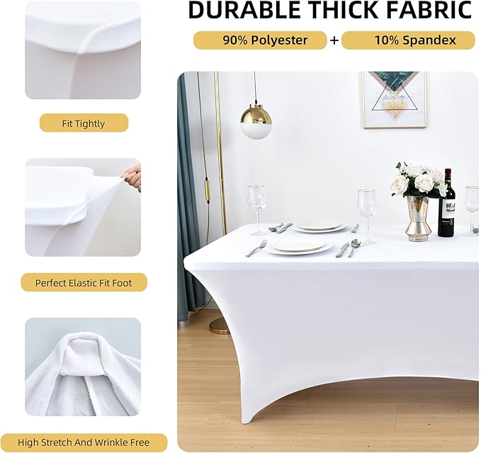 6-Pack 6ft White Spandex Table Covers for Rectangle Standard Folding Tables - Wrinkle Resistant Stretch Tablecloths - Ultimate Fitted Table Protector for Parties, Trade Shows, Wedding