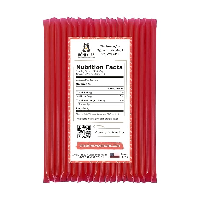 The Honey Jar Watermelon Flavored Honey Sticks - Pure Honey Straws For Tea, Coffee, or a Healthy Treat - One Teaspoon of Flavored Honey Per Stick - Made In The USA with Real Honey - (20 Count)