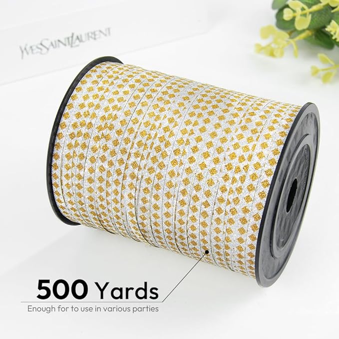 Square Pattern Glitter Curling Ribbon, 1/5" Wide x 500 Yards Christmas Curling Ribbons for Gift Wrapping, Party Decoration, Balloon String, Crafting, Balloon Ribbons for Florist Flower (1 Roll)
