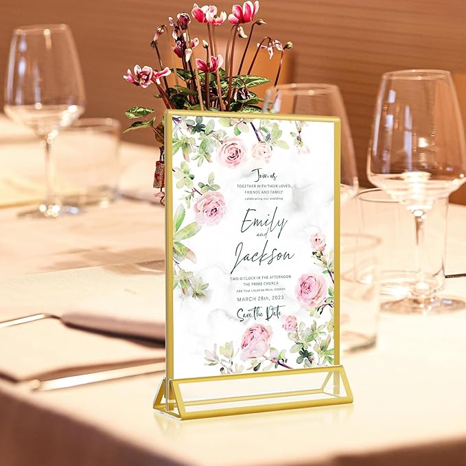 Gold Acrylic Sign Holder 5x7, 16 Pack Wedding Gold Frame Table Number Holders Vertical, Clear Picture Frames Flyer Stands Tables Menu Holder, Double Photo Paper Display Holder for Party, Home, Office