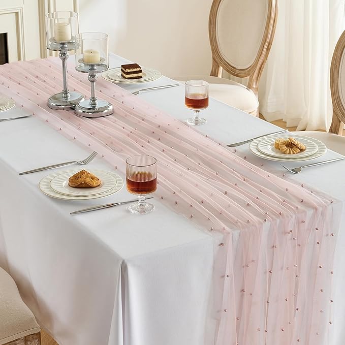 Fanami 1 Pack Pearl Table Runner -10FT Dusty Pink Boho Tulle Table Runners 120 Inches Long Rustic Sheer Lace Fabric Centerpieces for Wedding Arch Birthday Party Bridal Veil Baby Shower Decorations