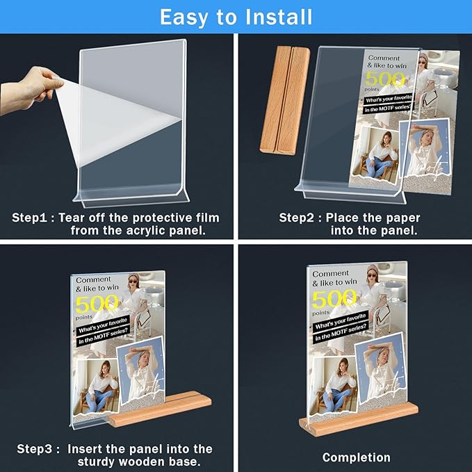 Kersally Acrylic Sign Holder 4 x 6,6 Pack Double-Sided Clear Vertical Table Display Stands with Wood Base, Acrylic Frame Menu Flyer Paper Holder for Stores, Restaurants, Hotels, Office, Show Fair