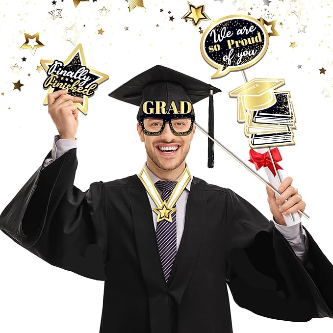 25 Pcs Black and Gold Photo Booth Props, Graduation Theme Decoration Props, Graduation Holiday Party Supplies