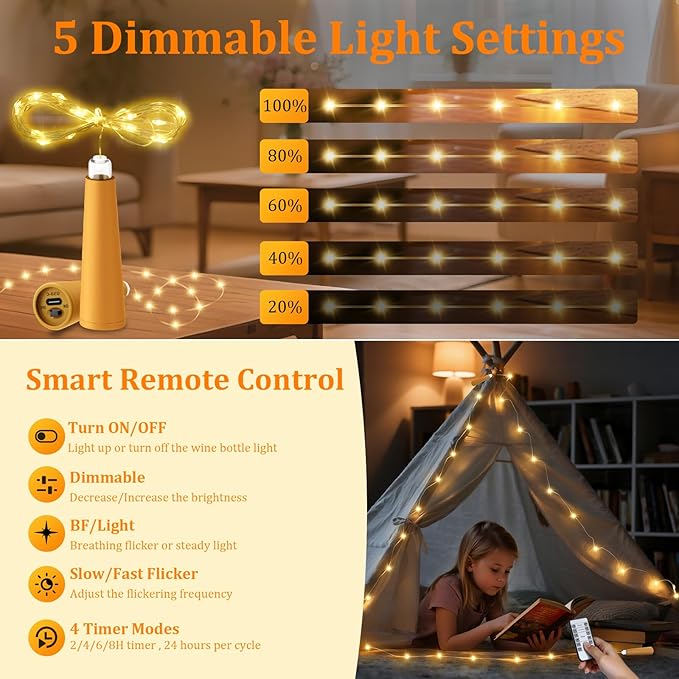 PChero USB Rechargeable Wine Bottle Lights with Cork & Remote Timer, 6 Pack 20 LED 6.6 ft Fairy String Lights for DIY Party Wedding Christmas Halloween Festival Bar Decoration