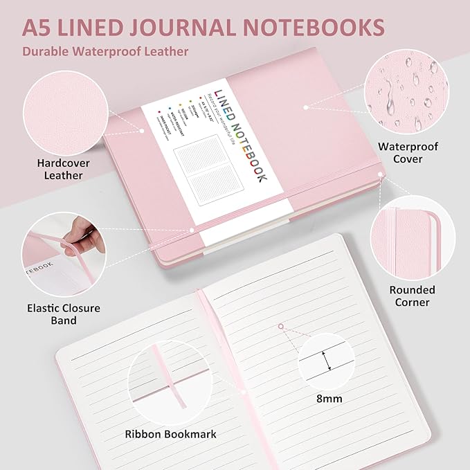 Lined Journal Notebook for Women Men, 200 Pages A5 Hardcover Leather Journals 5.7” x 8.3”, A5 College Ruled Notebooks with 100 GSM Thick Paper for Writing,Travel,School,Office,Work,Business（Pink）