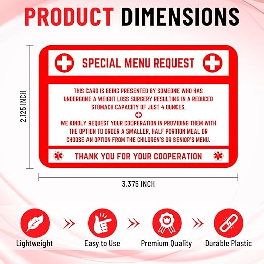 Bariatric Card for Restaurants, Special Menu Request Card, Portion Control Restaurant Request for Bariatric or Gastric Sleeve Patients, Wallet Sized, Set of 2 (5, Red, 3.375in x 2.125in)