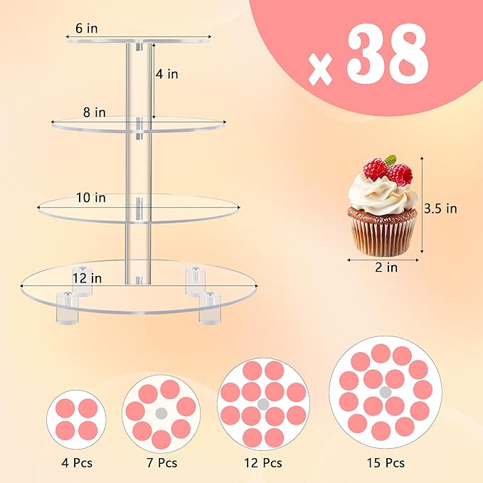 YestBuy 4 Tier Round Acrylic Cupcake Stand with Base, Premium Cupcake Holder, Acrylic Cupcake Tower Display Cady Bar Party Décor – Display for Pastry (4" Between 2 Layers with Base)