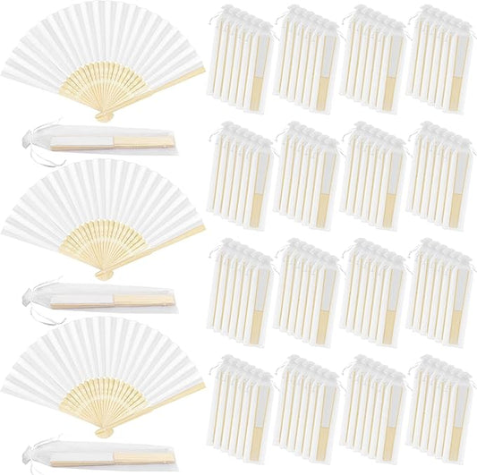 MCEAST 120 Pieces Wedding Handheld Paper Fans White Bamboo Folding Paper Fan with 120 Organza Bags Foldable Cool Wedding Favors Wedding Fans for Guests Party Favors DIY Decoration